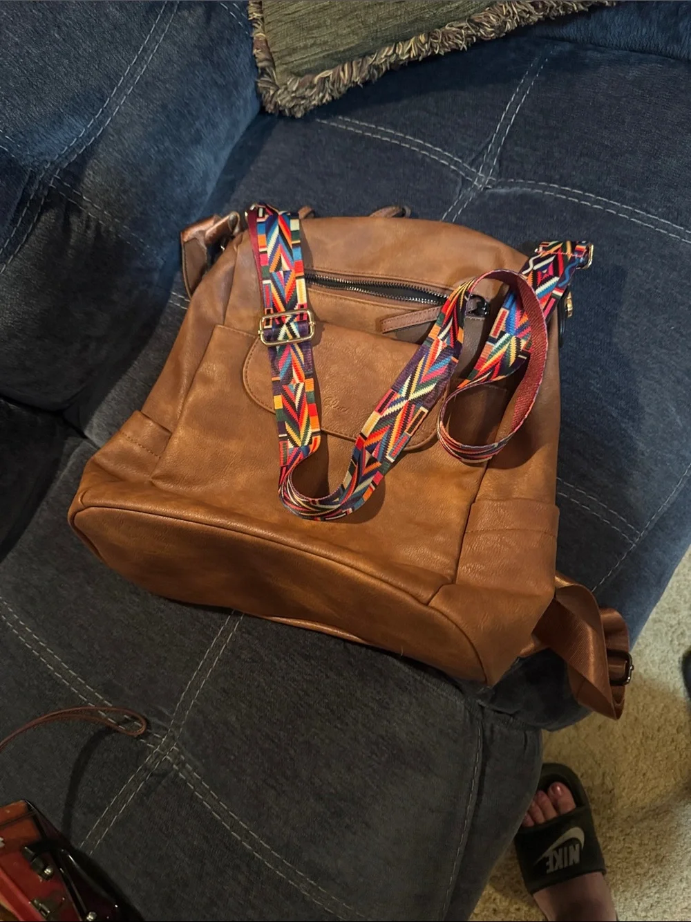 Leather Brown Men's Backpack with Accent Strap